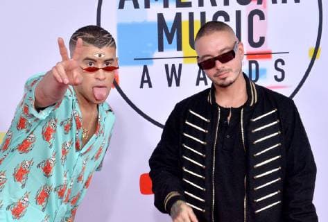 Bad Bunny (L) and J Balvin arrive for the 46th annual American Music Awards at the Microsoft Theater in Los Angeles on October 9, 2018.  LAP20181009490 JIMxRUYMEN