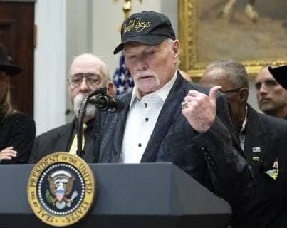 October 11, 2018 - Washington, District of Columbia, U.S. - Mike Love of the Beach Boys makes short remarks after United States President Donald J. Trump signed H.R. 1551, the Orrin G. Hatch-Bob Goodlatte Music Modernization Act in the Roosevelt Room of the White House in Washington, DC on Thursday, October 11, 2018 Washington U.S. - ZUMAs152 20181011_zaa_s152_069 Copyright: xRonxSachsx