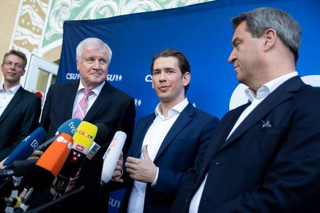 CSU election campaign final spurt Bavarian State Premier Dr Markus Soeder of the CSU Chairman and Federal Interior Minister Horst Seehofer and the Chancellor of the Republic of Austria Sebastian Kurz announce CSU rally in the Loewenbraeukeller in Munich before the election campaign Press Munich Bayern Germany