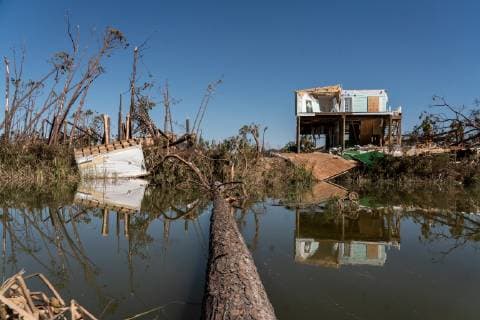 A fallen tree lays in a river among damaged homes and debris after Hurricane Michael lay strewn about in the early morning in Mexico Beach, Florida on October 13, 2018.  WAP20181013532 KENxCEDENO