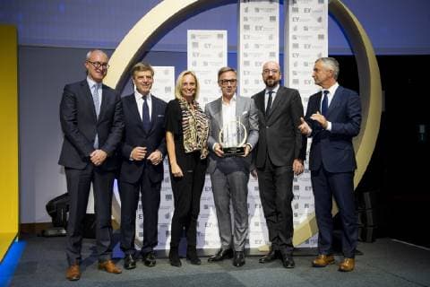 Belgian Prime Minister Charles Michel and Artexis Group CEO Eric Everard pictured during the award ceremony for the the Entreprise de l annee (French-speaking company of the year), Monday 15 October 2018, in Brussels.  JASPERxJACOBS 05448586