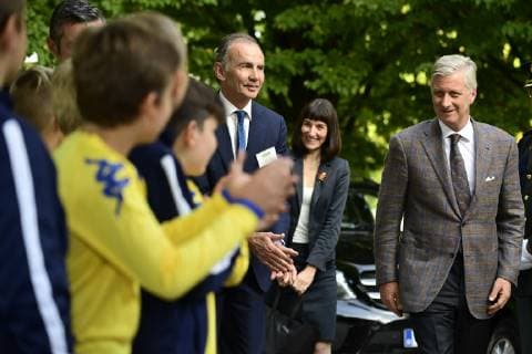 King Philippe - Filip of Belgium (R) pictured during a royal visit to the Royal Europa Kraainem Football Club in Brussels (Kraainem - Crainhem), Tuesday 16 October 2018. The clubs have several initiatives in favour of the integration of young refugees, in 2017 th eclub welcomed around 1500 minors refugees.  LAURIExDIEFFEMBACQ 05449002