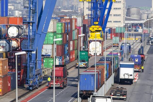 Container terminal in the Rhine Neckar port of Mannheim in terms of area the largest inland port in Germany Container transshipment from the river rail and road