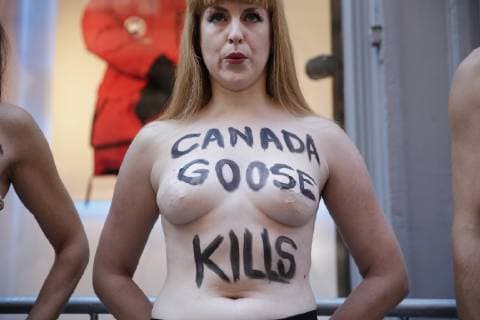 Topless Activists and PETA supporters hold a protest outside of Canada Goose in New York City on October 18, 2018.  NYP20181018113 JOHNxANGELILLO