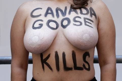 Topless Activists and PETA supporters hold a protest outside of Canada Goose in New York City on October 18, 2018.  NYP20181018114 JOHNxANGELILLO