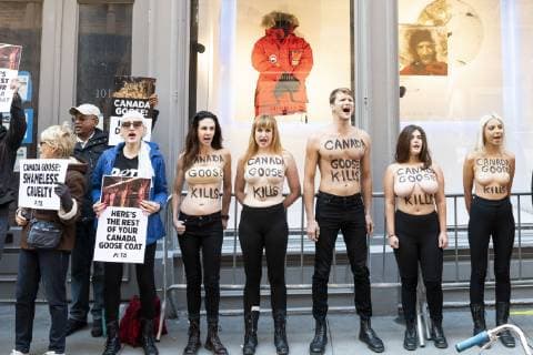 October 18, 2018 - New York, NY, U.S - Protest by PETA, People for the Ethical Treatment of Animals, outside the Canada Goose store on Wooster Street in New York City, New York on October 18, 2018 New York U.S. - ZUMAb161 20181018_zap_b161_015 Copyright: xMichaelxBrochsteinx