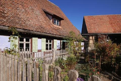 Historic farmhouse in the idyll of the Frankish open-air museum in Bad Windsheim. Middle Franconia. Bavaria. Germany