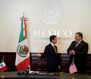 October 20, 2018 - Mexico City, Mexico - U.S. Secretary of State Mike Pompeo, right, chats with Mexican President Enrique Pena Nieto at the start of talks on immigration and the refugee caravan October 19, 2018 in Mexico City, Mexico. Mexico City Mexico - ZUMAp138 20181020_zaa_p138_008 Copyright: xPresidenciamexx
