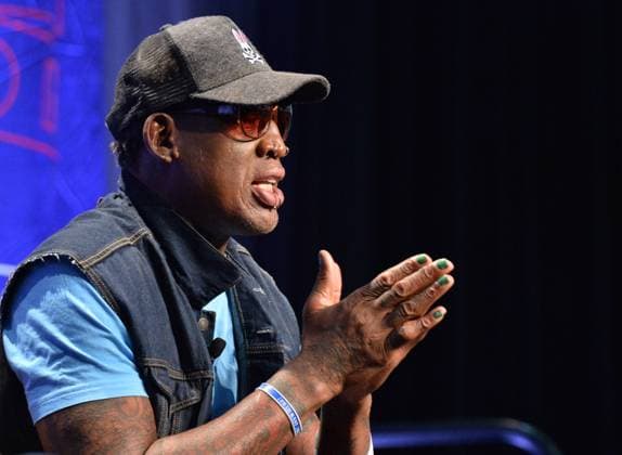 Former NBA player Dennis Rodman participates in a Slam Dunk Diplomacy With Dennis Rodman Q&A during Politicon at the Los Angeles Convention Center in Los Angeles, California on October 20, 2017.  LAP2018102025 JimxRuymen