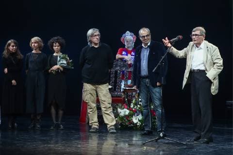 MOSCOW, RUSSIA - OCTOBER 22, 2018: Stage director Dmitry Krymov (L front) awarded the Best Stage Production prize at a ceremony for the 27th Crystal Turandot Award, an independent theatre prize, held at Moscow s Vakhtangov Theatre. Valery Sharifulin TASS  TS094CD0