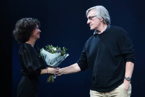 MOSCOW, RUSSIA - OCTOBER 22, 2018: Stage director Dmitry Krymov (R) awarded the Best Stage Production prize for Without a Dowry at a ceremony for the 27th Crystal Turandot Award, an independent theatre prize, held at Moscow s Vakhtangov Theatre. Valery Sharifulin TASS  TS094CD8