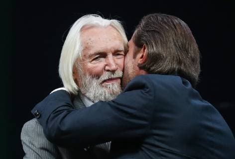MOSCOW, RUSSIA - OCTOBER 22, 2018: Vladimir Mashkov (R), Head of the Oleg Tabakov Studio Theatre, congratulates actor Stanislav Lyubshin on winning the Honour and Dignity prize at a ceremony for the 27th Crystal Turandot Award, an independent theatre prize, held at Moscow s Vakhtangov Theatre. Valery Sharifulin TASS  TS094CAA