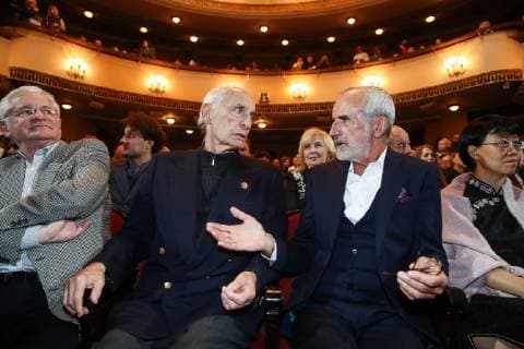 MOSCOW, RUSSIA - OCTOBER 22, 2018: Actor Vasily Lanovoy and Vakhtangov Theatre Artistic Director Rimas Tuminas (L-R centre) attend a ceremony for the 27th Crystal Turandot Award, an independent theatre prize, held at Moscow s Vakhtangov Theatre. Valery Sharifulin TASS  TS094C4A