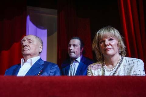 MOSCOW, RUSSIA - OCTOBER 22, 2018: Lenkom Theatre Artistic Director Mark Zakharov with daughter actress Alexandra Zakharova (L-R front) attend a ceremony for the 27th Crystal Turandot Award, an independent theatre prize, held at Moscow s Vakhtangov Theatre. Valery Sharifulin TASS  TS094C62