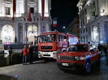 (181023) -- ROME, Oct. 23, 2018 -- Fire vehicles are seen outside the metro station where an escalator collapsed in Rome, Italy, on Oct. 23, 2018. At least 20 Russian football fans were injured when an escalator at a busy Rome metro station collapsed on Tuesday night, local media reported. ) ITALY-ROME-METRO-ESCALATOR-COLLAPSE ChenxZhanjie 
