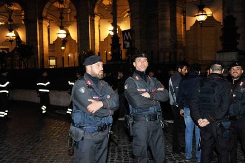 (181023) -- ROME, Oct. 23, 2018 -- Police officers work outside the metro station where an escalator collapsed in Rome, Italy, on Oct. 23, 2018. At least 20 Russian football fans were injured when an escalator at a busy Rome metro station collapsed on Tuesday night, local media reported. ) ITALY-ROME-METRO-ESCALATOR-COLLAPSE ChenxZhanjie 