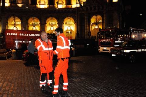 (181023) -- ROME, Oct. 23, 2018 -- Rescuers are seen outside the metro station where an escalator collapsed in Rome, Italy, on Oct. 23, 2018. At least 20 Russian football fans were injured when an escalator at a busy Rome metro station collapsed on Tuesday night, local media reported. ) ITALY-ROME-METRO-ESCALATOR-COLLAPSE ChenxZhanjie 