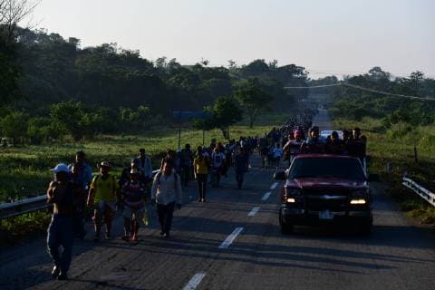 October 24, 2018 - Mapastepec, Chiapas, Mexico - Thousands of Central American migrants continued their journey toward the US border Thursday, reaching the coastal town of Mapastepec, in Chiapas, Mexico, An estimated 7,200 migrants from Honduras and other countries have pressed on, sleeping on roads, traveling on rafts, going without food and water and facing police and threats from President Trump, who called them a threat and vowed to send troops to the border with Mexico. Mapastepec Mexico - ZUMAl113 20181024_zap_l113_010 Copyright: xMiguelxJuarezxLugox