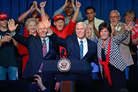 October 26, 2018 - Roswell, NM, U.S. - Vice President Mike Pence is flanked by Evette Herrell and Steve Pearce as they are greeted by supports at the Roswell International Air Center as Pence was stumping for Republicans who are running for office in New Mexico. Friday, Oct. 26, 2018. Roswell U.S. - ZUMAab1_ 20181026_zaf_ab1_013 Copyright: xJimxThompsonx