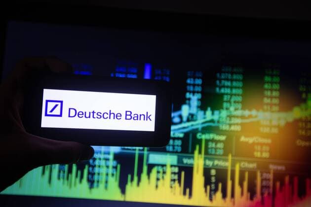 DAX Corporations The Deutsche Bank logo can be seen in this illustration The company belongs to the German stock index DAX Frankfurt Hessen Deutschland Börse Frankfurt