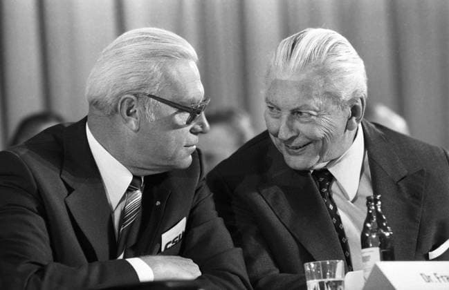 Germany Munich 29 09 1979 Archive no. 01 6 33 CSU party congress photo Kurt Georg Kiesinger re in conversation with Franz Heubl CSU party congress