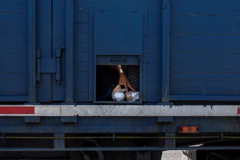 People of migrant caravan take some food on a truck prior to resuming the way to Mexico City in Cordoba, Mexico, 05 November 2018. Mexico City is preparing to welcome some 5,000 Central Americans who make up the migrant caravan that entered Mexico on 19 October with the intention of reaching the United States. Migrant caravan resumes way to Mexico City !ACHTUNG: NUR REDAKTIONELLE NUTZUNG!  Copyright: xÁngelxHernándezx MEX012 20181105-636770316305896695