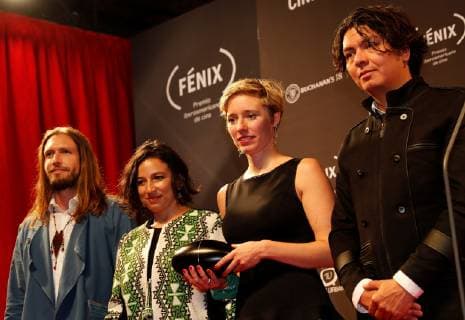 (L-R) Sebastían Celis, Cristina Gallego, Katrin Pors and Carlos Garcia, from the movie Pajaros de Verano (Lit. Birds of Summer) pose with the Fenix Award, in Mexico City, Mexico, 7 November 2018. Colombian film PAjaros de verano and Argentine Film Zama , which started as favorites of the Fenix Awards of Ibero-American films, did not disappoint and became the films with the highest number of awards in the fifth edition of the event. Fenix Awards of Ibero-American films !ACHTUNG: NUR REDAKTIONELLE NUTZUNG!  Copyright: xJorgexNunezx AME391 20181108-636772603056193315