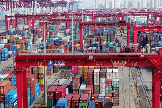 QINGDAO, CHINA - NOVEMBER 08: Containers sit stacked at Qingdao Port on November 8, 2018 in Qingdao, Shandong Province of China. China s import and export of trade in goods reached 25.05 trillion yuan (about 3.61 trillion US dollars) in the first 10 months of 2018, increasing 11.3% year-on-year, according to the General Administration of Customs on Thursday.  Copyright: xVCGx CFP111175513534
