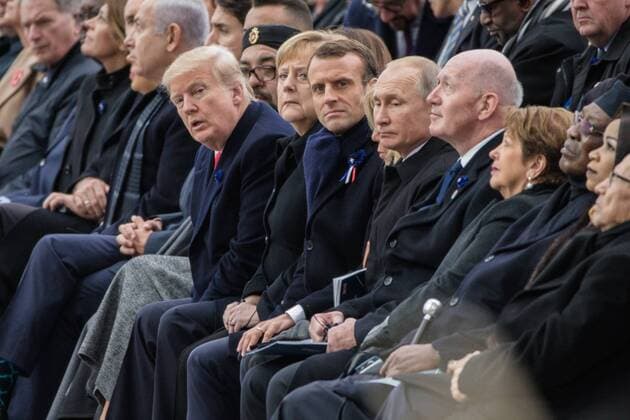 US President Donald Trump, Federal Chancellor of Germany Angela Merkel, French President Emmanuel Macron, Russian President Vladimir Poutine, accompanied by many foreign dignitaries attend a ceremony at the Arc de Triomphe in Paris on November 11, 2018 as part of commemorations marking the 100th anniversary of the 11 November 1918 armistice, ending World War I.  Copyright: xAurelienxMorissardx