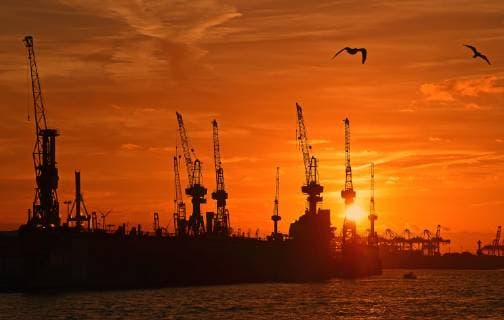 Sunset Silhouette Hamburg harbour with harbour cranes Hamburg Germany Europe Copyright: imageBROKER/IngeborgxKnol ibxikn04771045.jpg