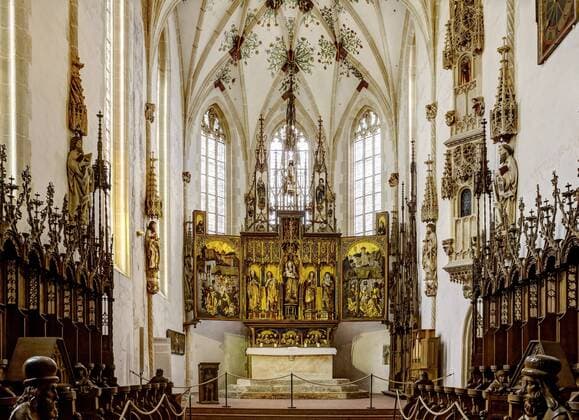 DEU Germany Blaubeuren 09 10 2018 Blaubeuren monastery with monastery church choir stalls and high altar in the choir of the monastery church