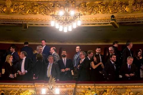 President of the Catalan Parliament Roger Torrent (C), Vice President of the Catalan Government Pere Aragones (2R), Councillor to the Catalan Presidency Elsa Artadi (L) and Barcelona s Mayoress Ada Colau (3L) attend the 65th Ondas Awards, at the Gran Teatre del Liceu, in Barcelona, Catalonia, Spain, 14 November 2018. 65th Ondas Awards !ACHTUNG: NUR REDAKTIONELLE NUTZUNG!  Copyright: xQuiquexGarciax GRAF8744 20181114-636778353437960832