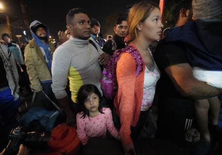 November 15, 2018 - San Diego, California, USA - Migrants recently arrived from Central American waited outside the temporary shelter set up Thursday at the Unidad Deportiva Benito Juarez, a municipal gymnasium in Tijuana, hoping to get in for the night. San Diego USA - ZUMAs44_ 20181115_zaf_s44_014 Copyright: xNelvinxC.xCepedax
