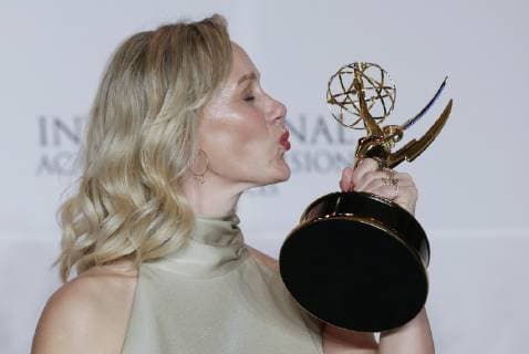 Anna Schudt hold her award for Best Performance by an Actress in the pressroom at the 46th International Emmy Awards at the New York Hilton in New York City on November 19, 2018.  NYP20181119184 JOHNxANGELILLO