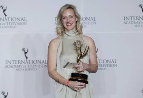 Anna Schudt hold her award for Best Performance by an Actress in the pressroom at the 46th International Emmy Awards at the New York Hilton in New York City on November 19, 2018.  NYP20181119185 JOHNxANGELILLO