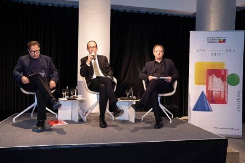 Georges Delnon Intendant of the Hamburg State Opera and the Hamburg Philharmonic State Orchestra Christoph Lieben Seutter General Director Elbphilharmonie Laeiszhalle Achim Dobschall Head of Orchestra Choir Concerts of NDR from left to right Press conference Elbphilharmonie Elphi to International Music Festival Hamburg 2019 in cooperation with Hamburgerische Staatsoper Hamburg Ham