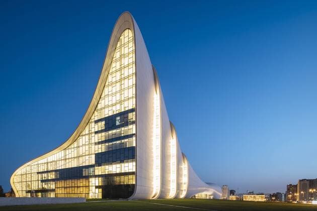 Exterior of Heydar Aliyev Building at night, designed by Zaha Hadid, Baku, Azerbaijan, Central Asia, Asia Copyright: BenxPipe 848-1631 Editorial Use Only