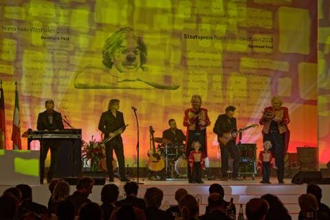 Award of the State Prize of the State of NRW 2018 to Bernhard Paul In the picture on the stage the Cologne music group Höhner who initiated the celebration in the Gürzenich Cologne North Rhine-Westphalia Germany