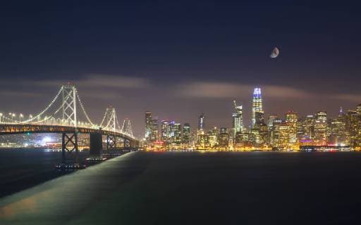 View of San Francisco skyline and Oakland Bay Bridge from Treasure Island at night, San Francisco, California, United States of America, North America Copyright: TomsxAuzins 1276-416