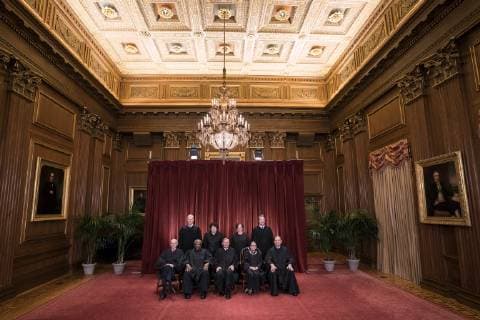 The Supreme Court Justices pose for their official group portrait in the Supreme Court on November 30, 2018 in Washington, D.C. Seated from left: Associate Justice Stephen Breyer, Associate Justice Clarence Thomas, Chief Justice John G. Roberts, Associate Justice Ruth Bader Ginsburg and Associate Justice Samuel Alito, Jr. Standing behind from left: Associate Justice Neil Gorsuch, Associate Justice Sonia Sotomayor, Associate Justice Elena Kagan and Associate Justice Brett M. Kavanaugh.  WAP20181130301 KEVINxDIETSCH