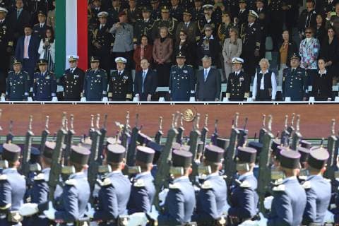 December 2, 2018 - EUM20181202NAC10.JPG.CIUDAD DE MEXICO. Presidency Presidencia-AMLO.- 2 de diciembre de 2018.- El presidente Andres Manuel Lopez Obrador, acompanado de los secretarios de la Defensa Nacional, Luis Crescencio Sandoval y de Marina, Jose Rafael Ojeda, durante la ceremonia de salutacion de las Fuerzas Armadas, en el Campo Marte. Foto: Agencia EL UNIVERSAL RCC.  - ZUMAu78_ 20181202_zaf_u78_050 Copyright: xBerenicexFregosox