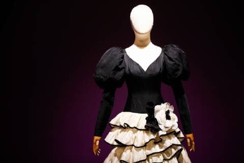 MOSCOW, RUSSIA - DECEMBER 4, 2018: An evening gown by the Paul-Louis Orrier fashion house (France, early 1980s) on display at an exhibition titled The Glamour of the 80s by Russian fashion historian Alexandre Vassiliev opened at the VDNKh exhibition centre. The exhibition shows a unique collection of the 1980s costumes by Chanel, Christian Dior, Yves Saint Laurent, Givenchy, Pierre Balmain, Claude Montana, and other fashion houses. Mikhail Tereshchenko TASS  TS099CC0