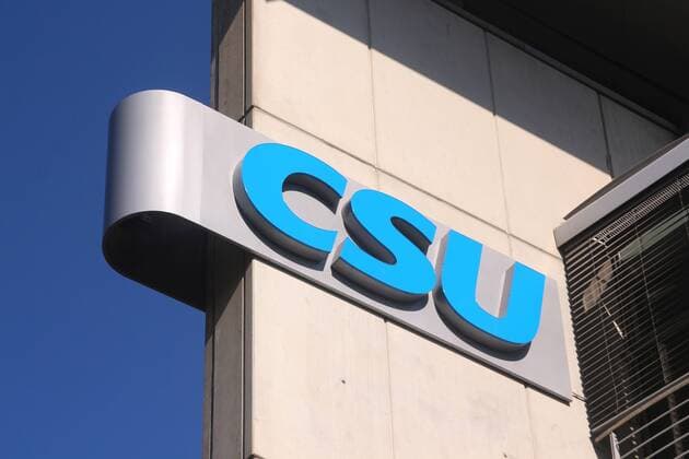 CSU party logo on the facade of the Franz Josef Strauss house with the headquarters of the CSU Christian Social Union in Munich Schwabing North Bavaria Germany