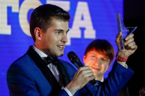 MOSCOW, RUSSIA - DECEMBER 5, 2018: TV presenter Dmitry Borisov, winner of the TV Person of the Year award, during a ceremony to present the Event of the Year 2018 prize held by the Cinema Reporter magazine at Illusion Cinema. Cinema Reporter is a new magazine that was established by the editorial staff of the Russian version of The Hollywood Reporter magazine. Artyom Geodakyan TASS  TS099F68