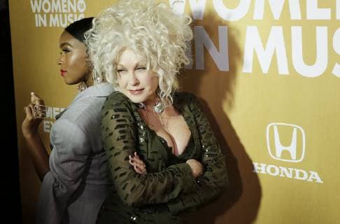 Cyndi Lauper and Janelle Monae arrive on the red carpet at the Billboard Women In Music 2018 on December 6, 2018 in New York City.  NYP20181206216 JOHNxANGELILLO