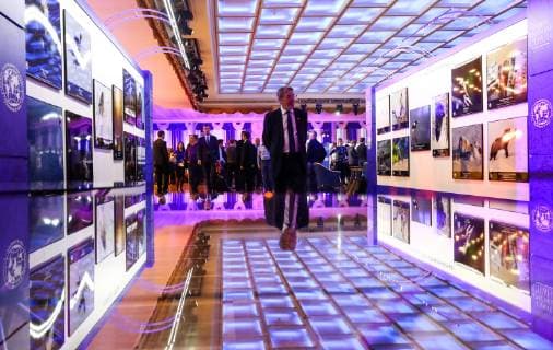 MOSCOW, RUSSIA - DECEMBER 7, 2018: An exhibition of the winning entries of the Russian Geographical Society s The Most Beautiful Country photography competition at the State Kremlin Palace, the venue of the 2018 Russian Geographical Society Prize award ceremony. Anton Novoderezhkin TASS  TS09A48C