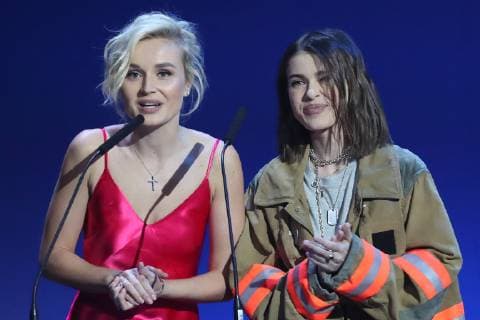 MOSCOW, RUSSIA â€“ DECEMBER 7, 2018: Singers Polina Gagarina (L) and Yelena Temnikova at a ceremony to present the 2018 Viktoriya Russian National Music Awards, at the State Kremlin Palace. Vyacheslav Prokofyev TASS  TS09A574