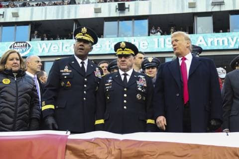 December 8, 2018 - Philadelphia, PA, United States of America - U.S President Donald Trump, right, Army Chief of Staff Gen. Mark A. Milley, center, and West Point Superintendent Lt. Gen. Darryl Williams in the stands before the 119th Army Navy game at Lincoln Financial Field December 8, 2018 in Philadelphia, Pennsylvania. Philadelphia United States of America - ZUMAp138 20181208_zaa_p138_005 Copyright: xJohnxPellinox