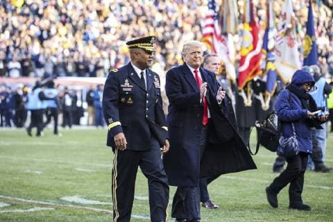 December 8, 2018 - Philadelphia, PA, United States of America - U.S President Donald Trump, right, and West Point Superintendent Lt. Gen. Darryl Williams walk on to the middle of the playing field before the 119th Army Navy game at Lincoln Financial Field December 8, 2018 in Philadelphia, Pennsylvania. Philadelphia United States of America - ZUMAp138 20181208_zaa_p138_006 Copyright: xJohnxPellinox