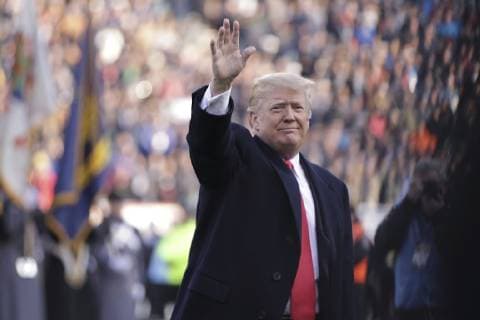December 8, 2018 - Philadelphia, PA, United States of America - U.S President Donald Trump waves as he walks on to the middle of the playing field before the 119th Army Navy game at Lincoln Financial Field December 8, 2018 in Philadelphia, Pennsylvania. Philadelphia United States of America - ZUMAp138 20181208_zaa_p138_007 Copyright: xJohnxPellinox